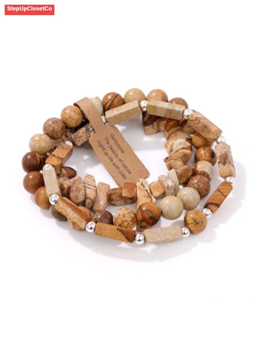 3-Piece Gemstone Stretch Bracelet Set Boho Layering Women Stack